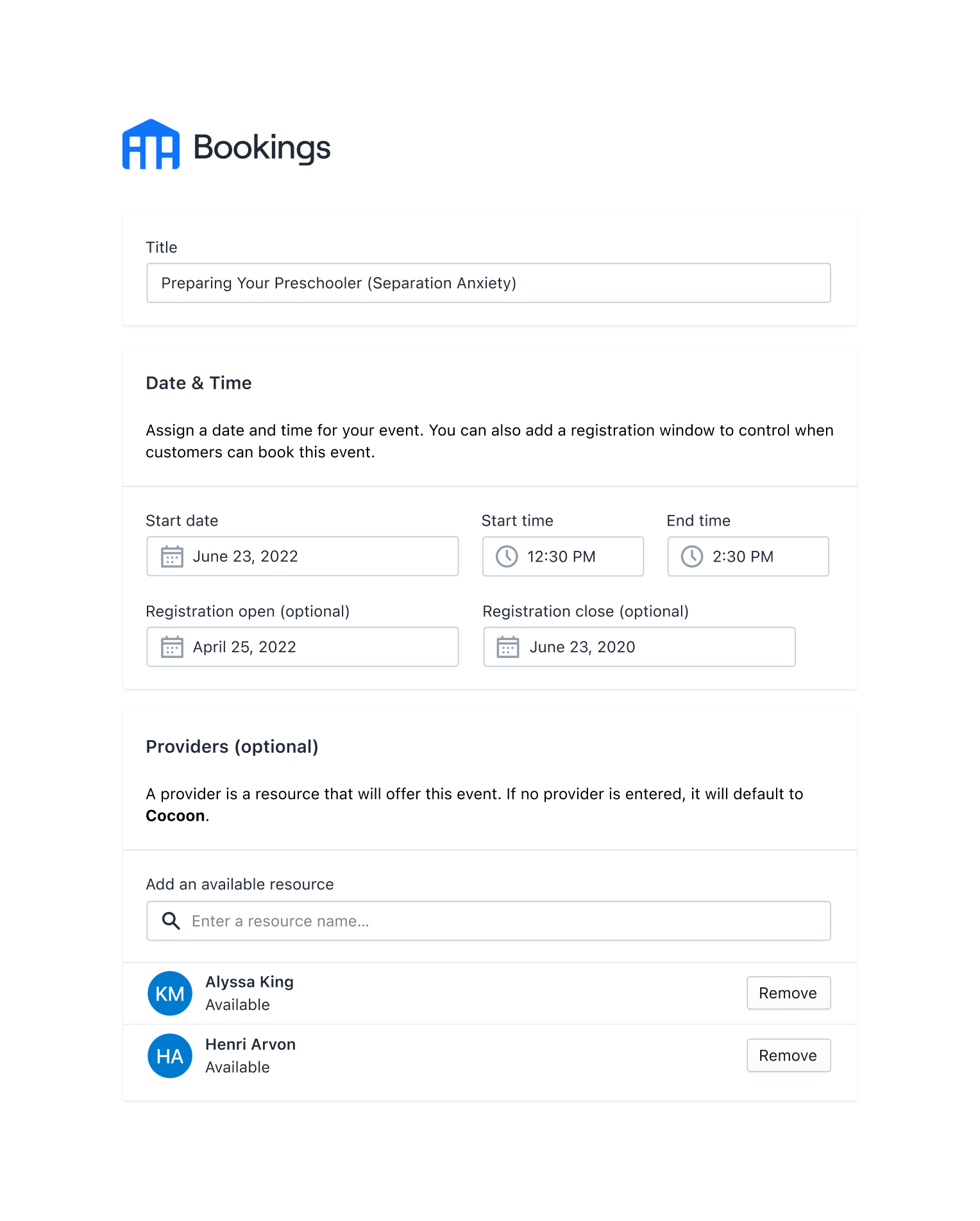 A booking form with option to select date and time and providers