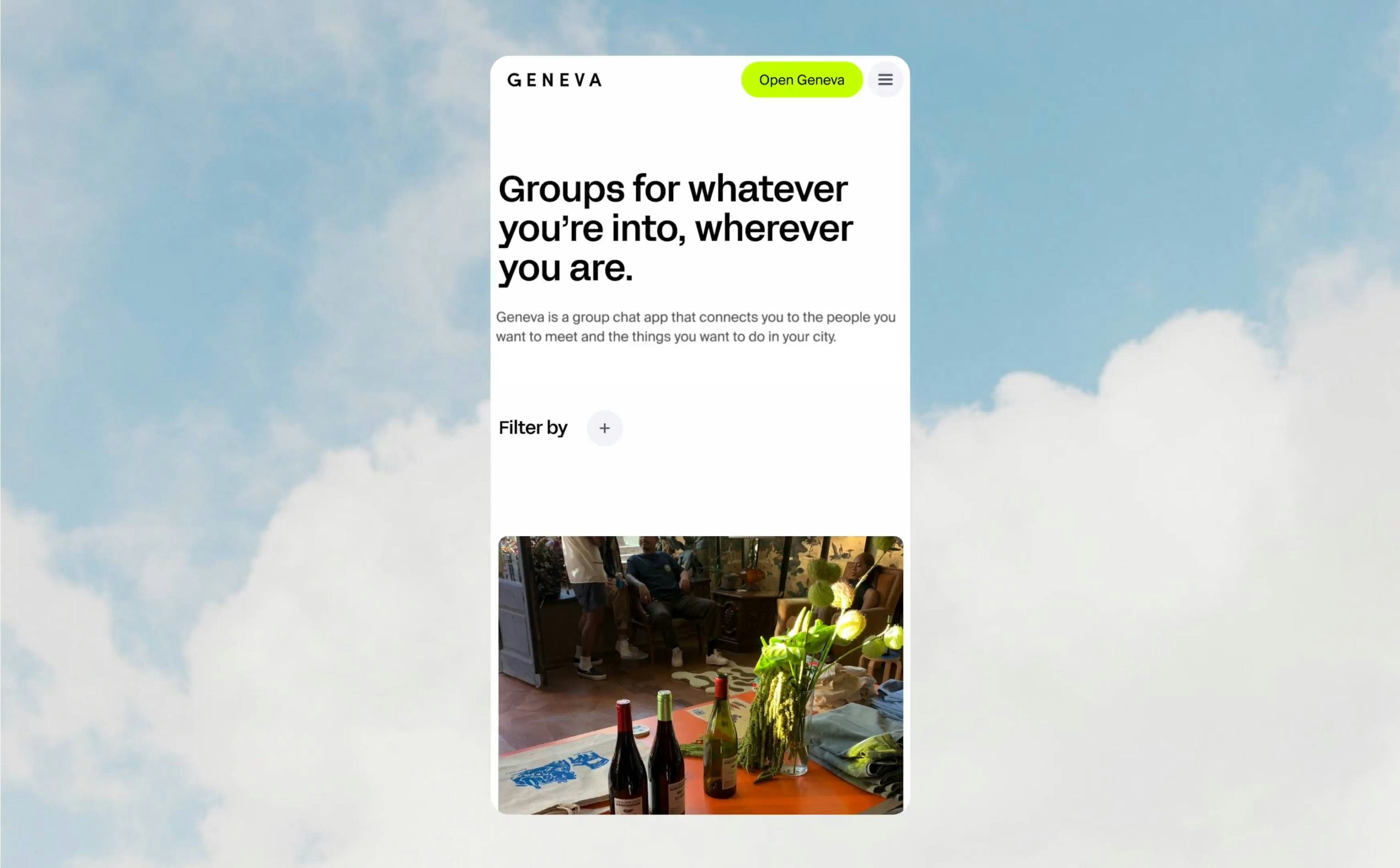 A vertical view of a website featuring black on white text and an image of wine bottles set against an image of clouds in a blue sky.