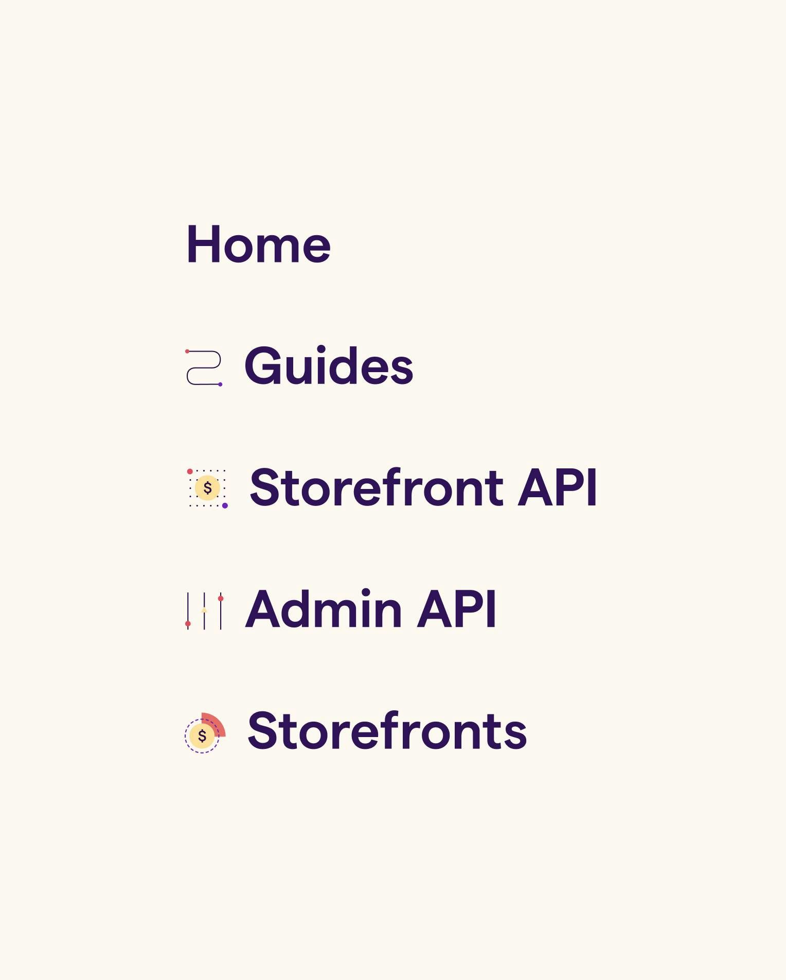 Menu items home, guides, Storefront API, Admin API, Storefronts