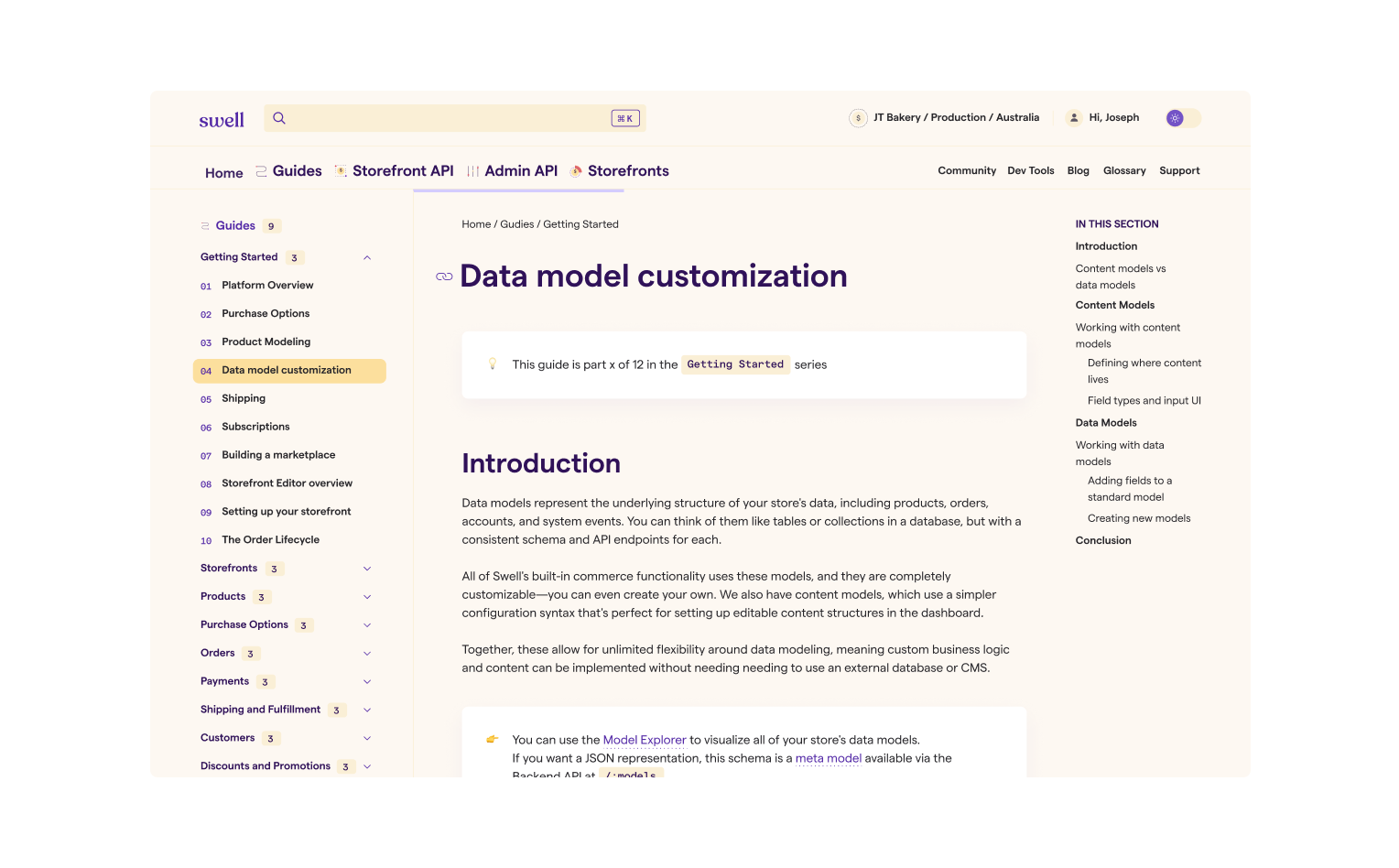 A documentation website showing a guide on Data model customization