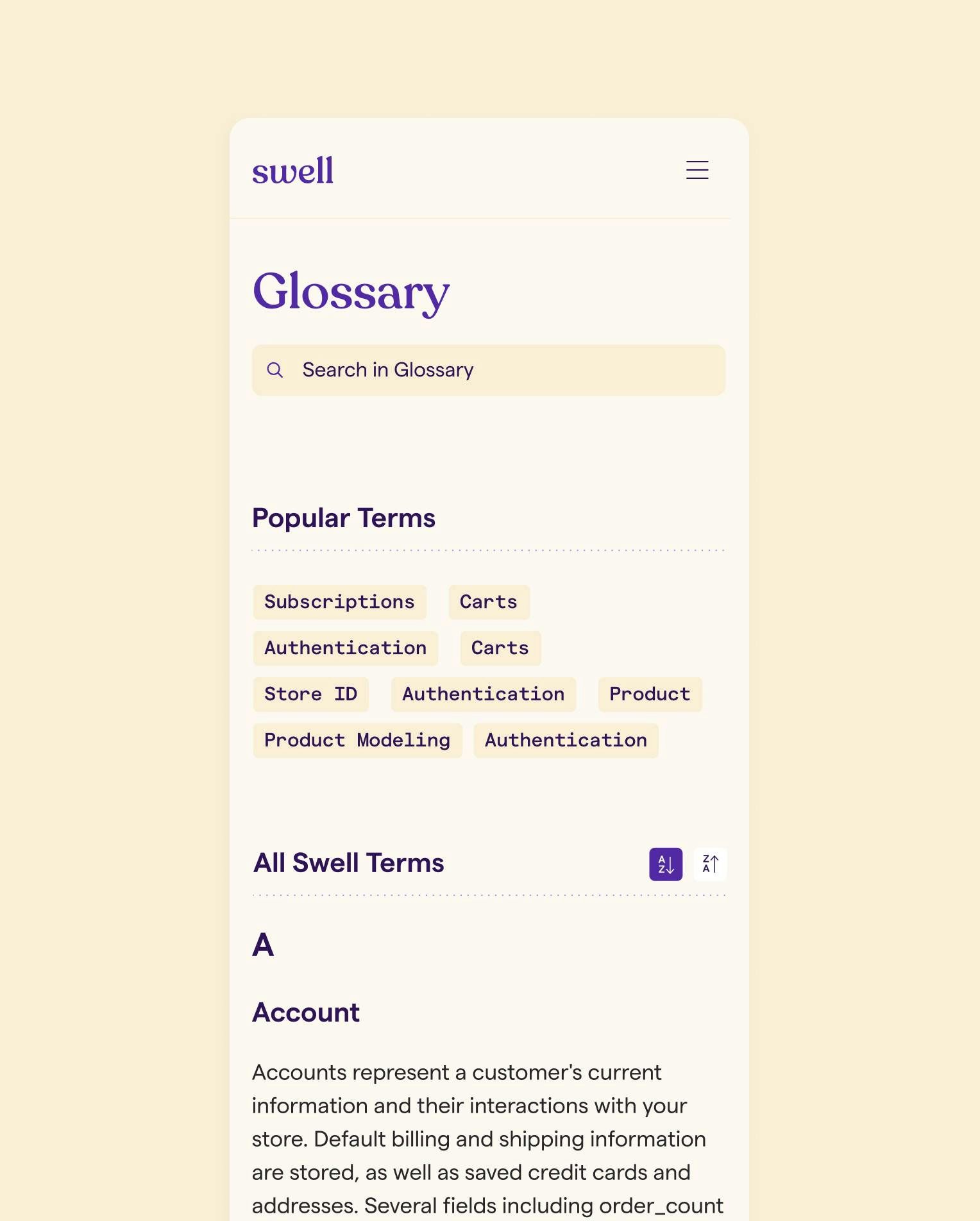 A glossary page with search field